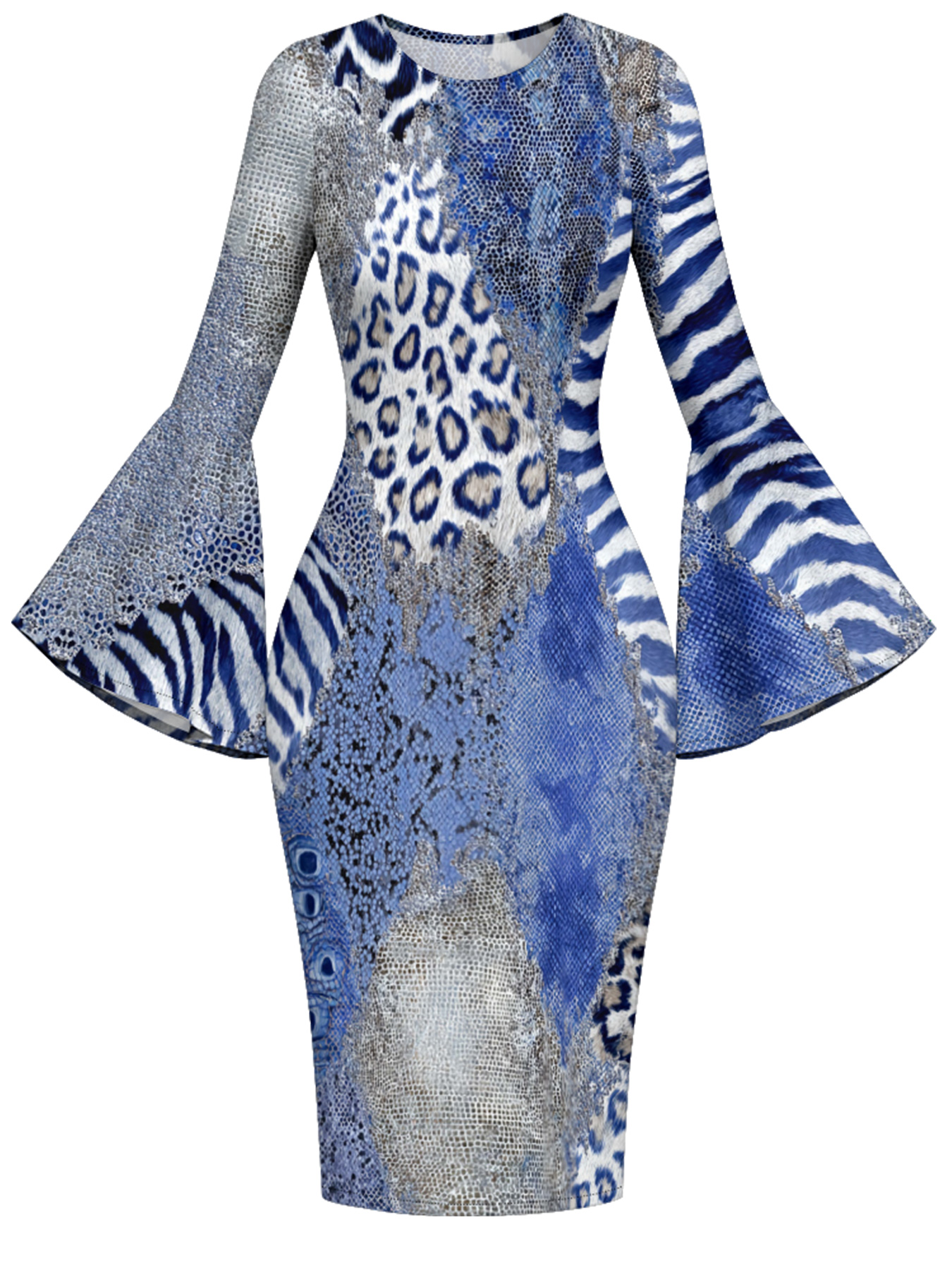 Blue Mixed Animal Print Flare Sleeve Bodycon Midi Dress