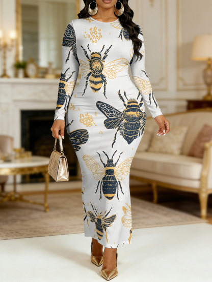 Luxury Bee Round Sleeve Neck Long Bodycon Dress