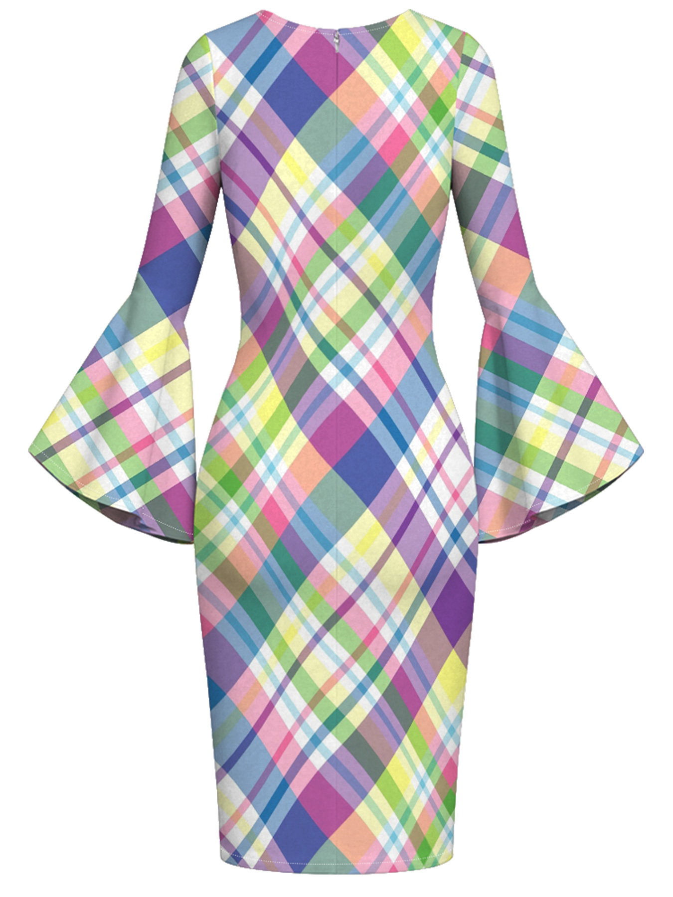 Pastel Rainbow Plaid Bell Flare Sleeve Bodycon Midi Dress