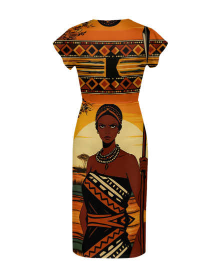 African Queen Portrait Cap Sleeve V-Neck Midi Dress IYT99035