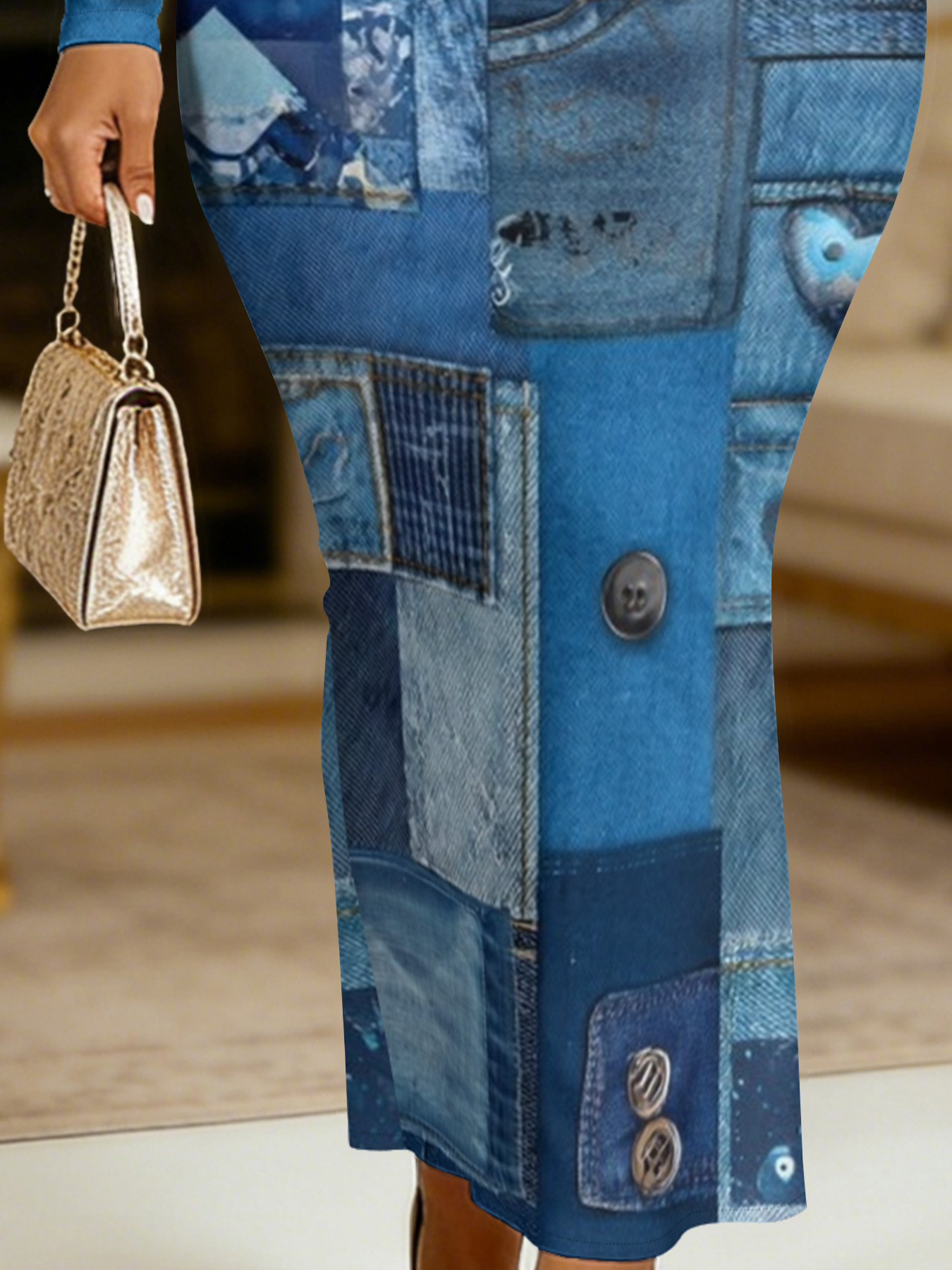 Faded Denim Round Sleeve Neck Long Bodycon Dress