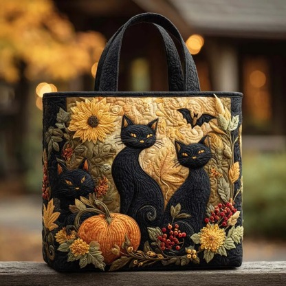 Midnight Harvest Cat Quilted Tote Bag