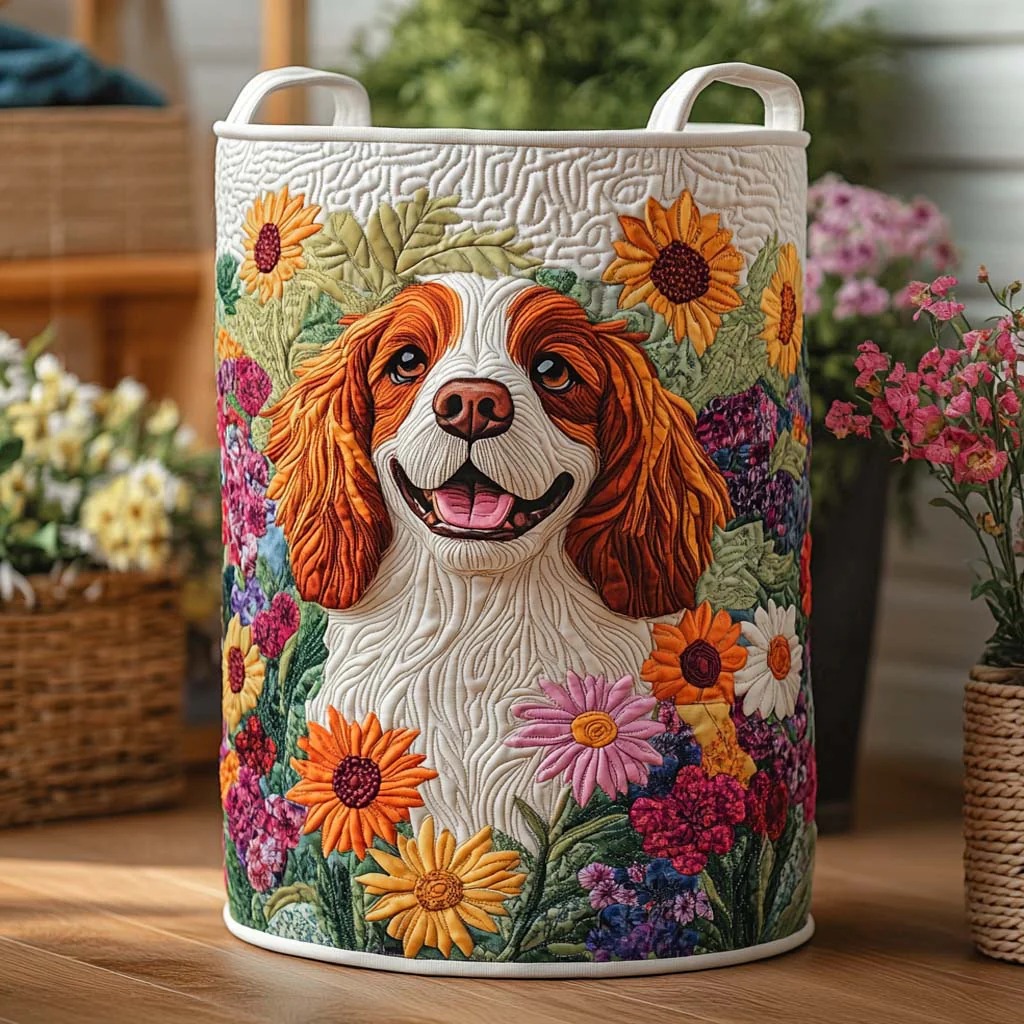 Sunflower Joy Spaniel Quilted Laundry Basket 