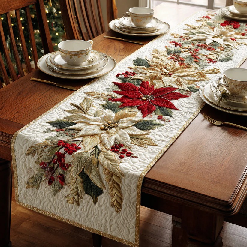 Golden Poinsettia Bloom Quilted Table Runner