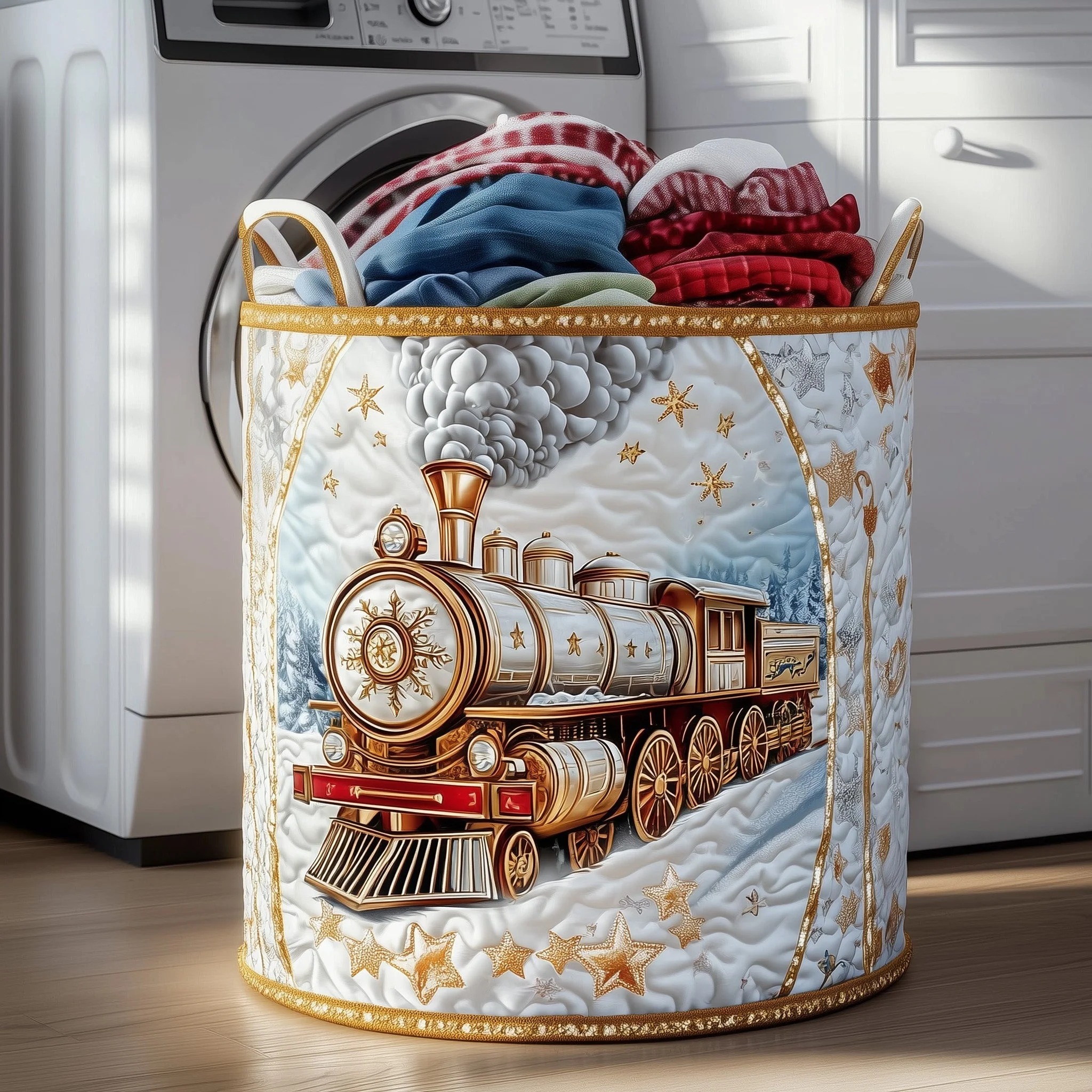 Snow Train Quilted Laundry Basket GFTOMA4750