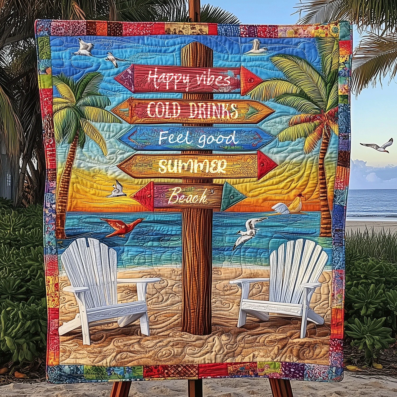 Summer Beach Signpost Quilted Blanket