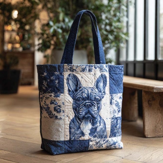 Blue Bulldog Charm Quilted Tote Bag