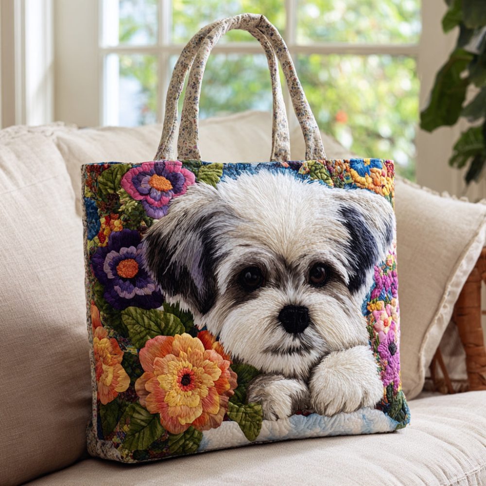 Blooms Shih Tzu Quilted Tote Bag