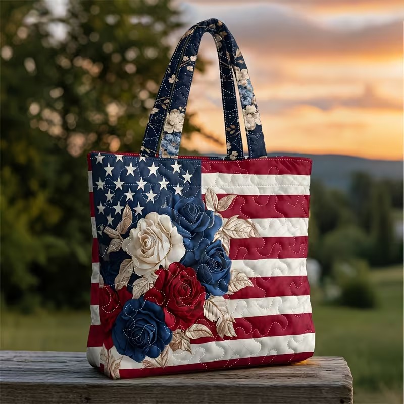 American Flag & Rose Quilted Tote Bag IUYH870