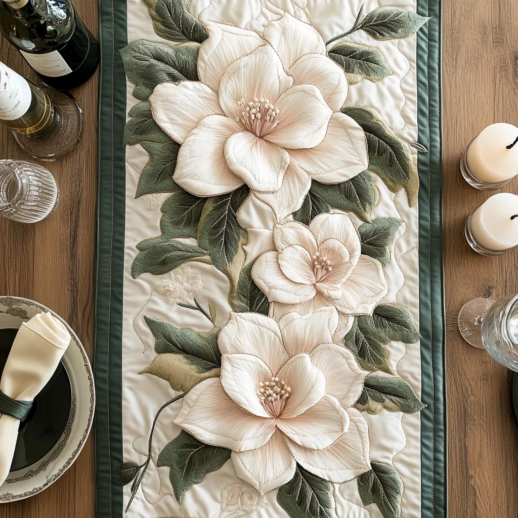 Magnolia Flower Quilted Table Runner