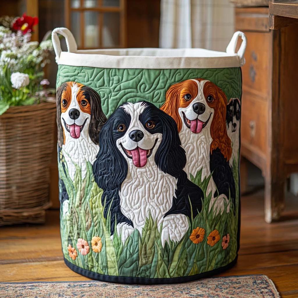 Cavalier Family Charm Quilted Laundry Basket 