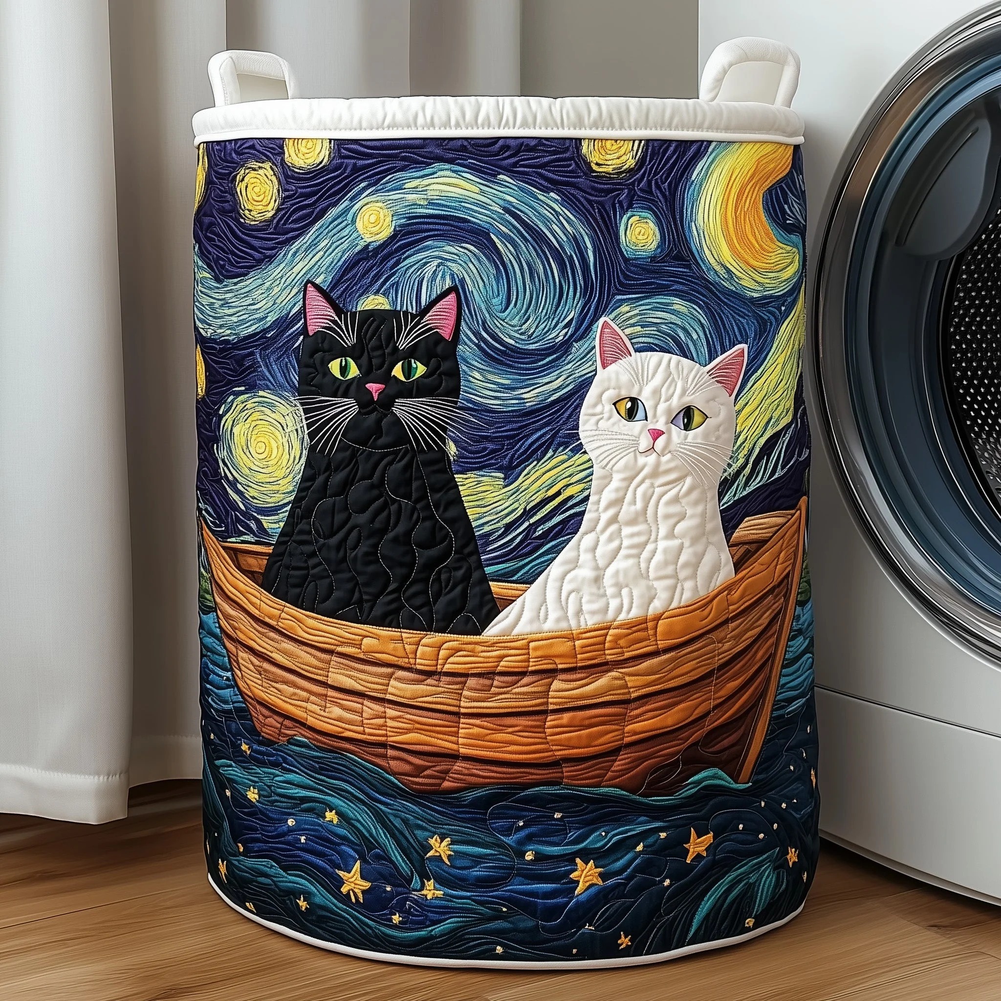 Cat Couple Starry Night Quilted Laundry Basket GFTOXM284