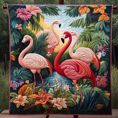 Sunset Flamingos Quilted Blanket