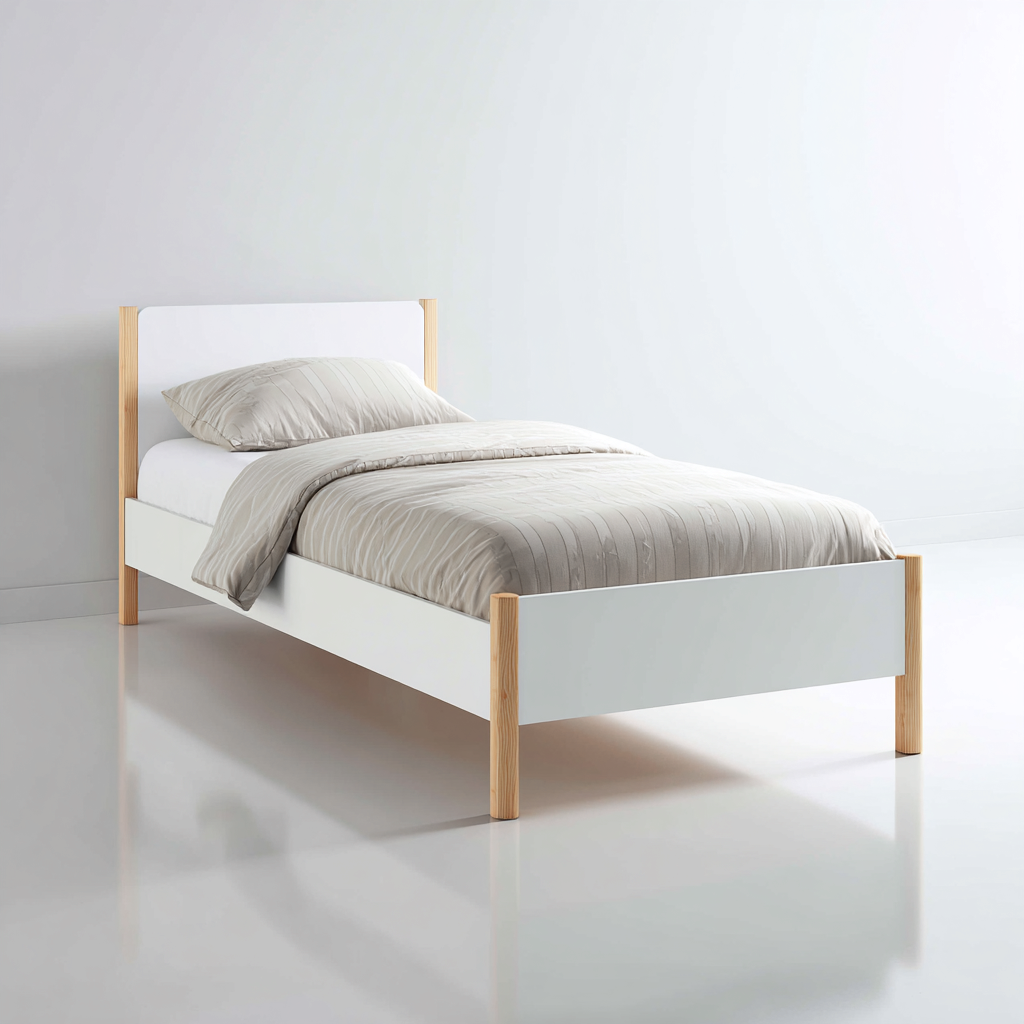 Letto singolo - legno - 200x100x85 cm - bianco-naturale - minimalista-Habitatno
