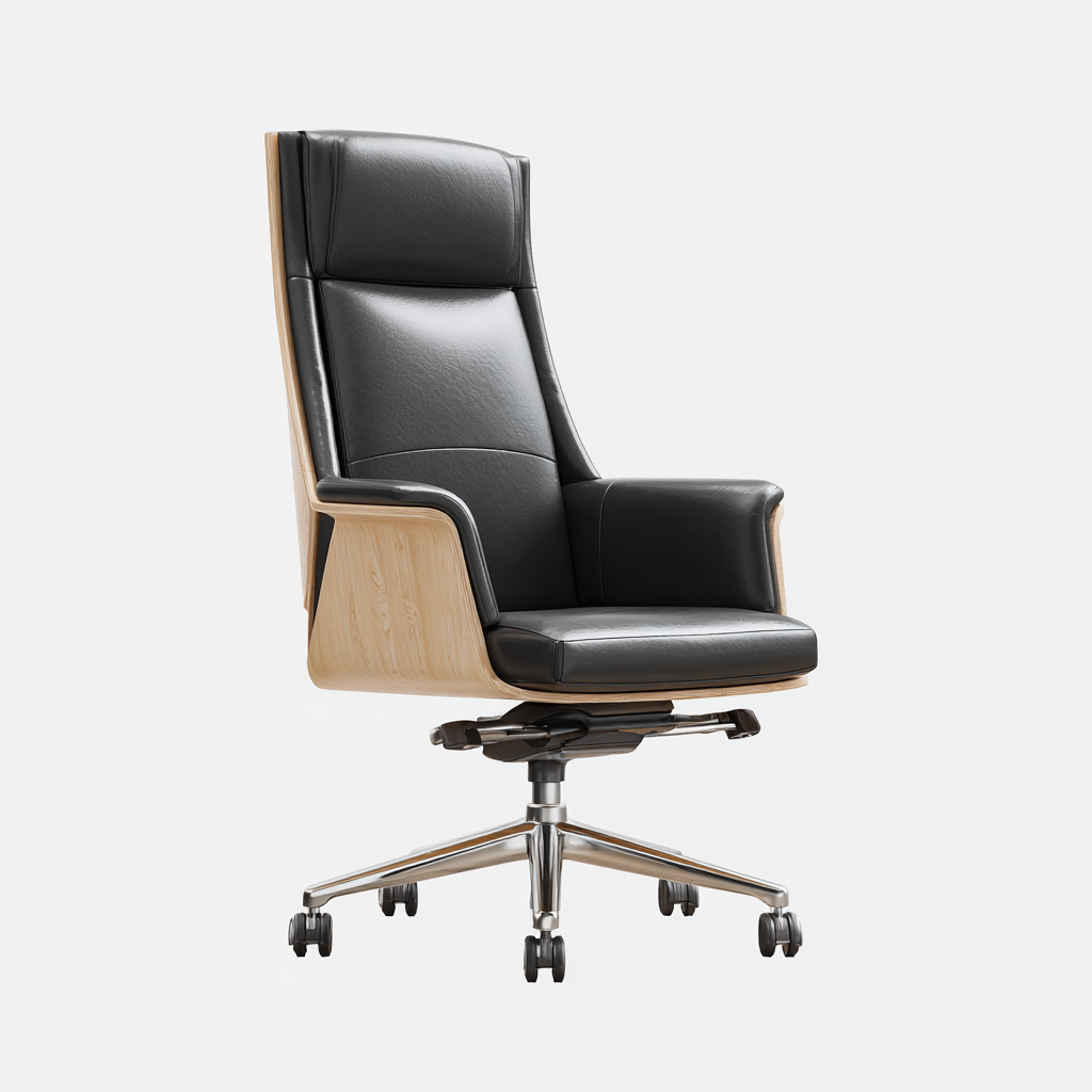 Sedia da ufficio - pelle-legno - 65x70x120 cm - nero-naturale - design ergonomico moderno-Habitatno