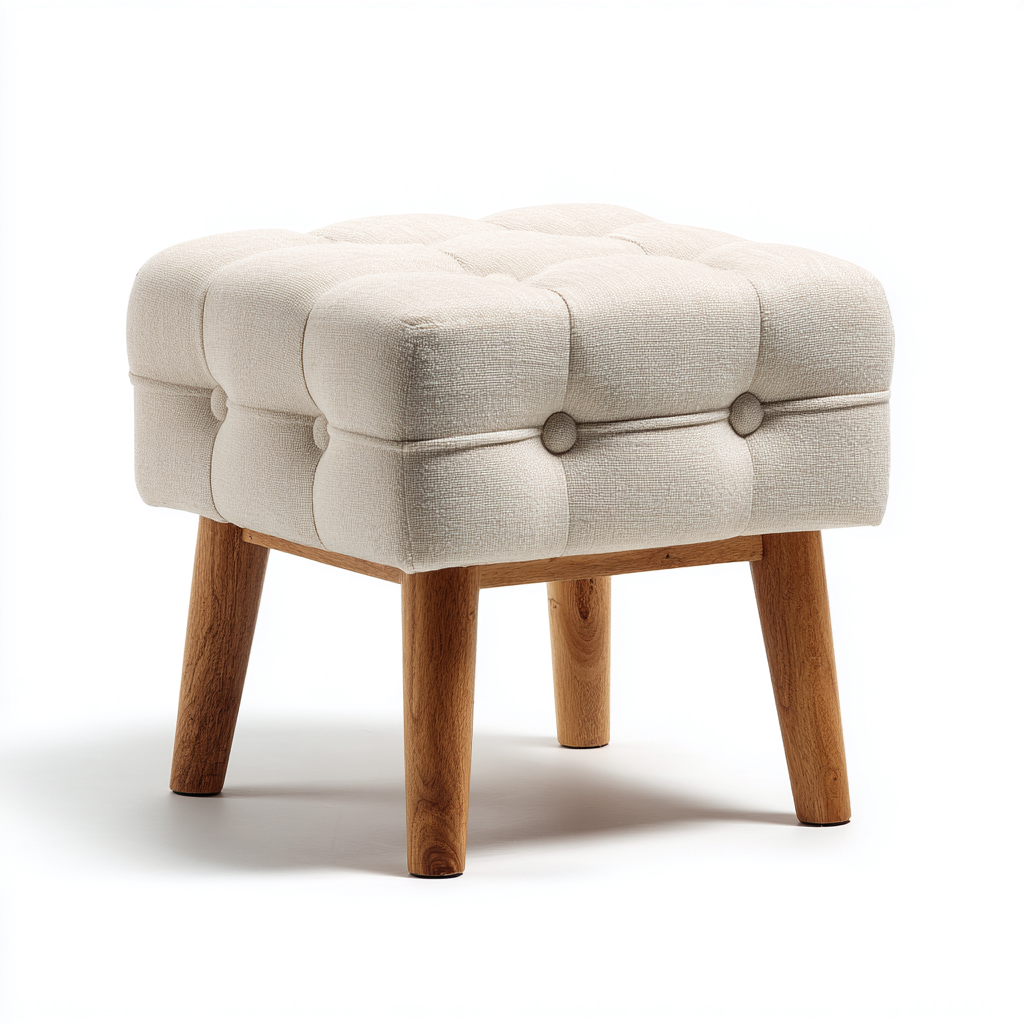Pouf - Tessuto-Legno - 43x35x42 cm - Beige Chiaro - Stile Classico Moderno-Habitatno