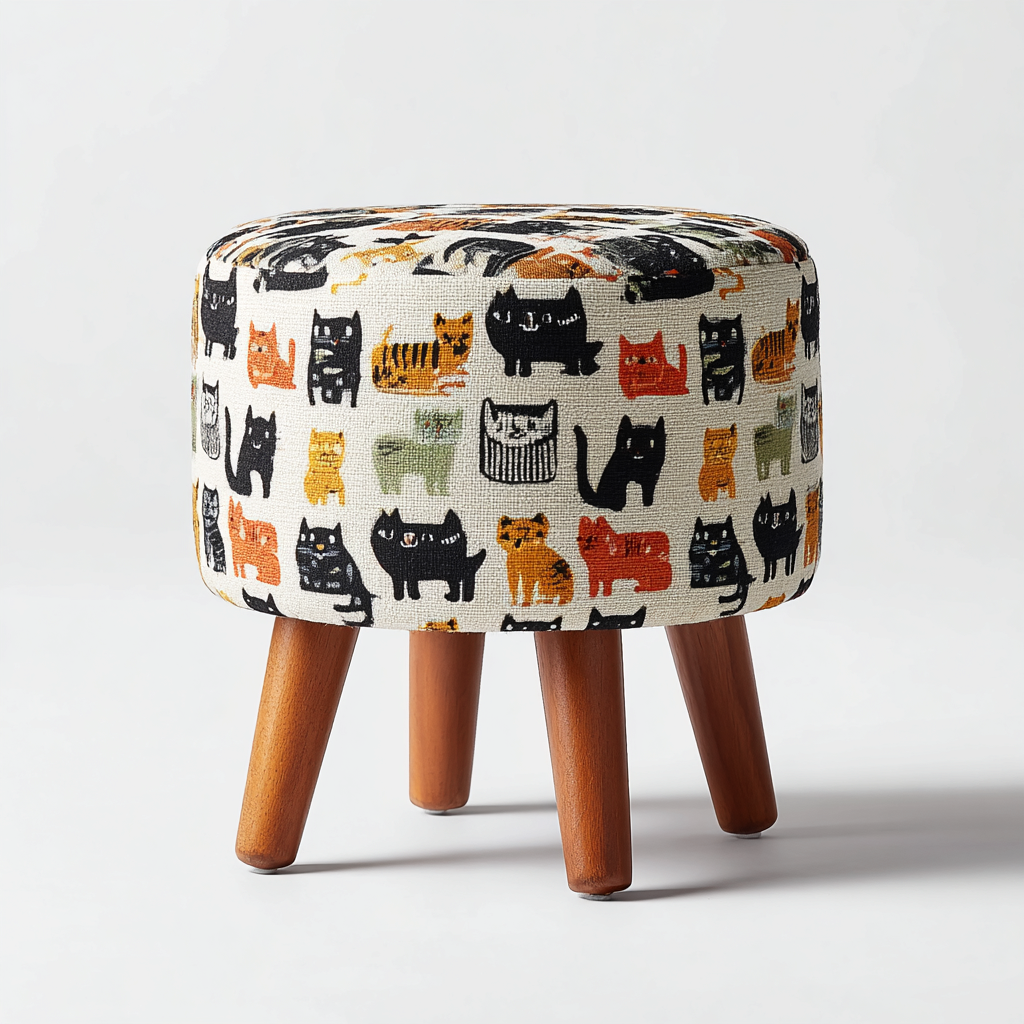 Pouf - Tessuto-Legno - 32x32x36 cm - Multicolore - Design Giocoso con Motivo a Gatti-Habitatno