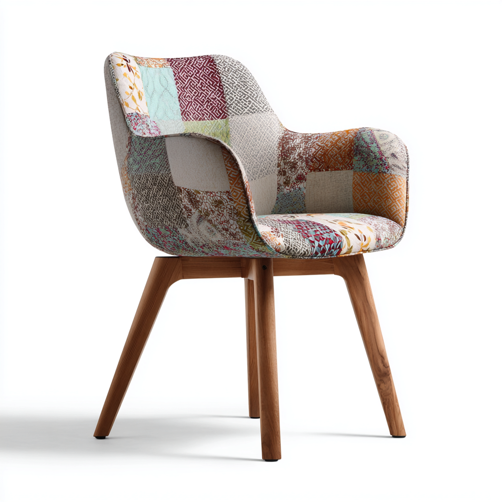 Sedia da pranzo - tessuto-legno - 57x59x84 cm - patchwork multicolore - stile moderno con braccioli e gambe in legno naturale-Habitatno