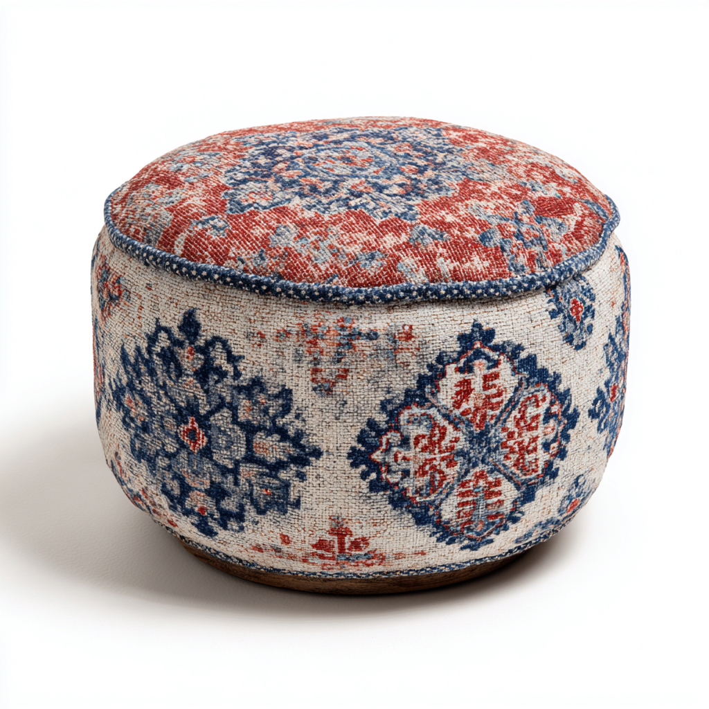 Pouf - Tessuto - 60x60x40 cm - Rosso-Blu - Stile Vintage Bohemien-Habitatno