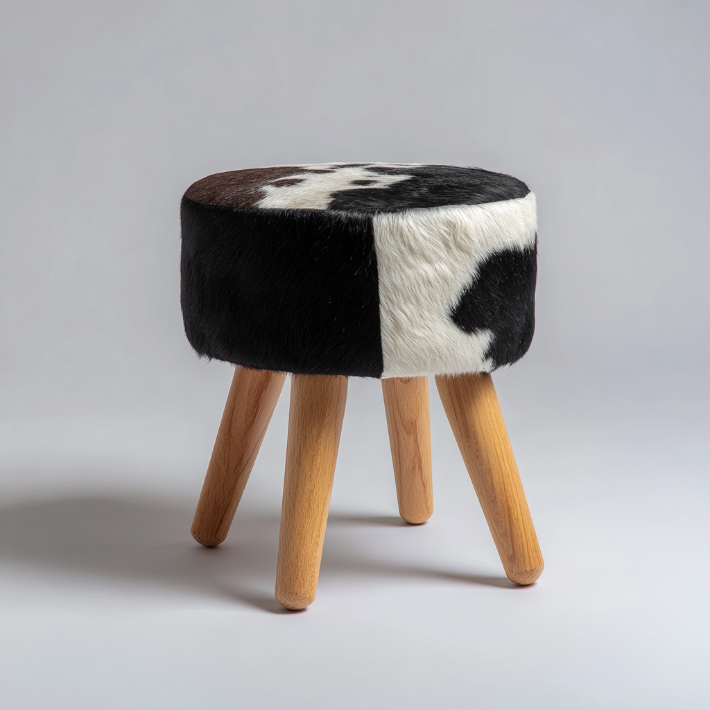 Pouf - Pelle Naturale-Legno Massello - 30x30x42 cm - Nero-Bianco - Stile Rustico Moderno-Habitatno