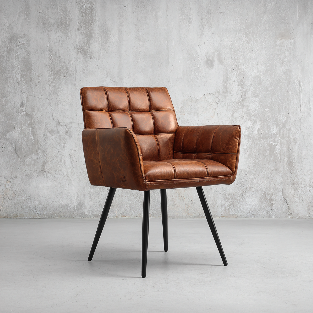 Sedia da pranzo - pelle-metallo - 58x62x84 cm - marrone - design industriale con braccioli imbottiti e gambe nere-Habitatno