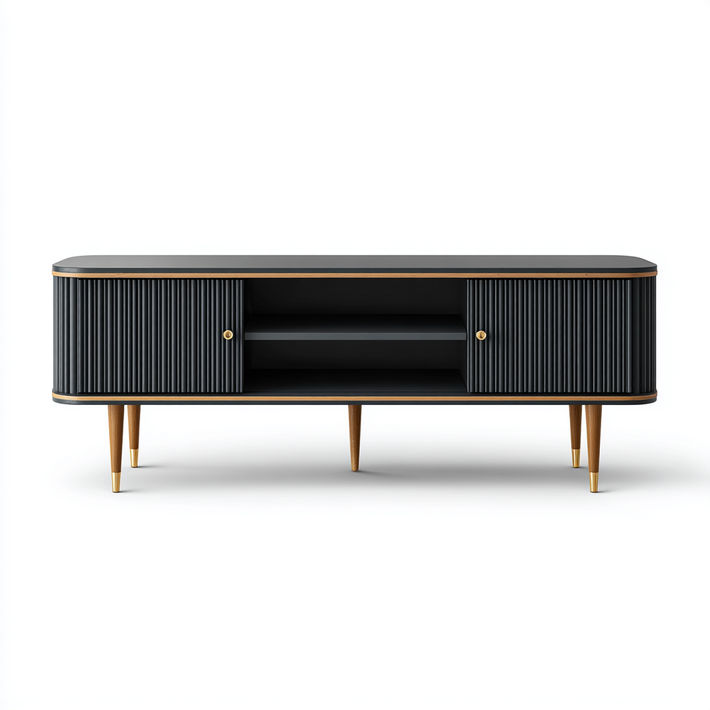 Mobile TV - Legno-Metallo - 160x40x55 cm - Nero-Oro - Design Moderno Rotondo-Habitatno