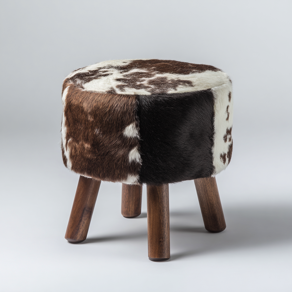Pouf - Pelle Naturale-Legno Massello - 30x30x42 cm - Marrone-Bianco-Nero - Stile Rustico Moderno-Habitatno