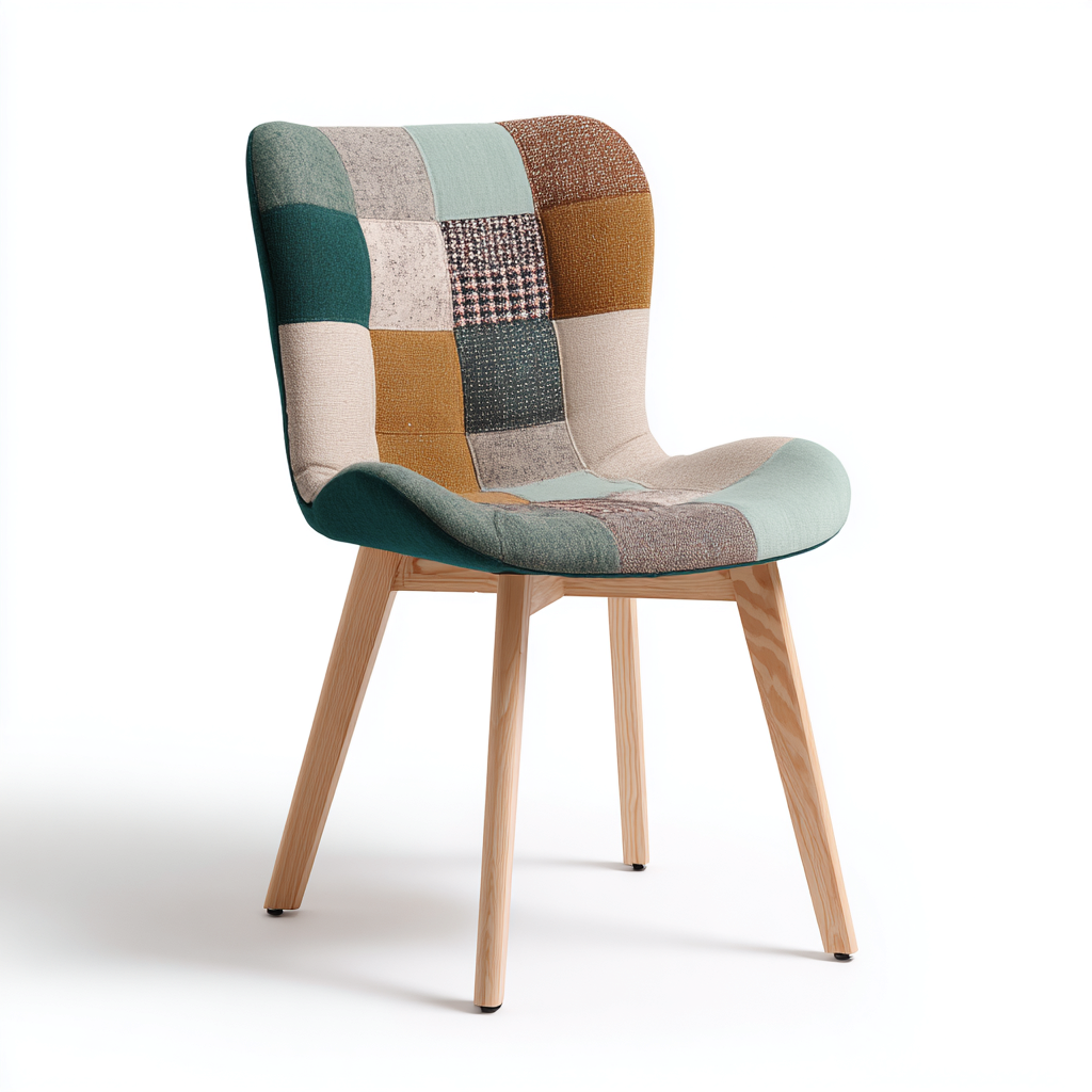 Sedia da pranzo - tessuto-legno - 48x55x83 cm - patchwork multicolore - stile moderno con struttura in legno naturale-Habitatno