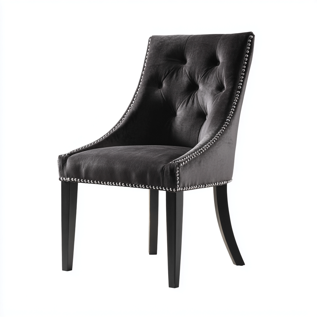 Sedia da pranzo - velluto-legno - 50x60x96 cm - grigio scuro - design elegante con borchie decorative e schienale trapuntato-Habitatno
