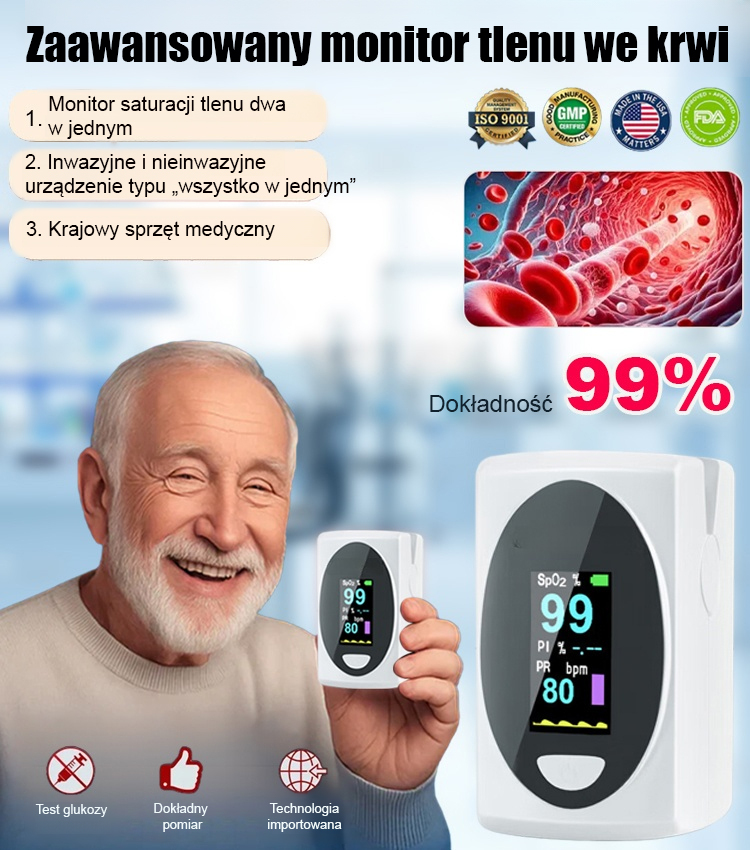 Zaawansowany pulsoksymetr z dokładnością 99%.