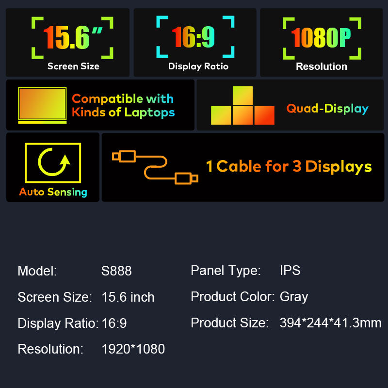 15.6" Laptop Screen Extender Monitor Portable（Compatible with 13.6“ to 17.3” laptops）