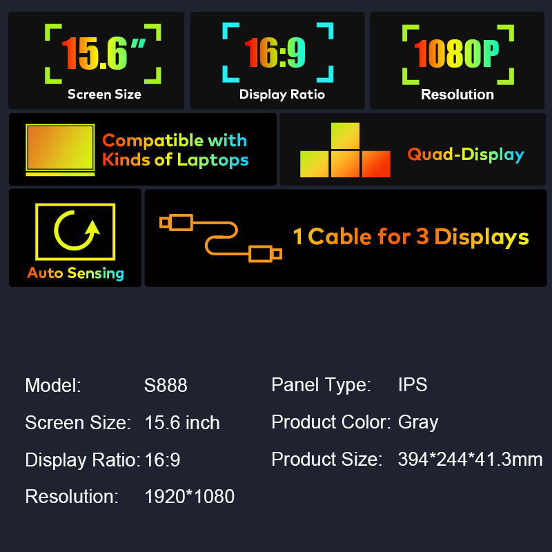 15.6" Laptop Screen Extender Monitor Portable（Compatible with 13.6“ to 17.3” laptops）