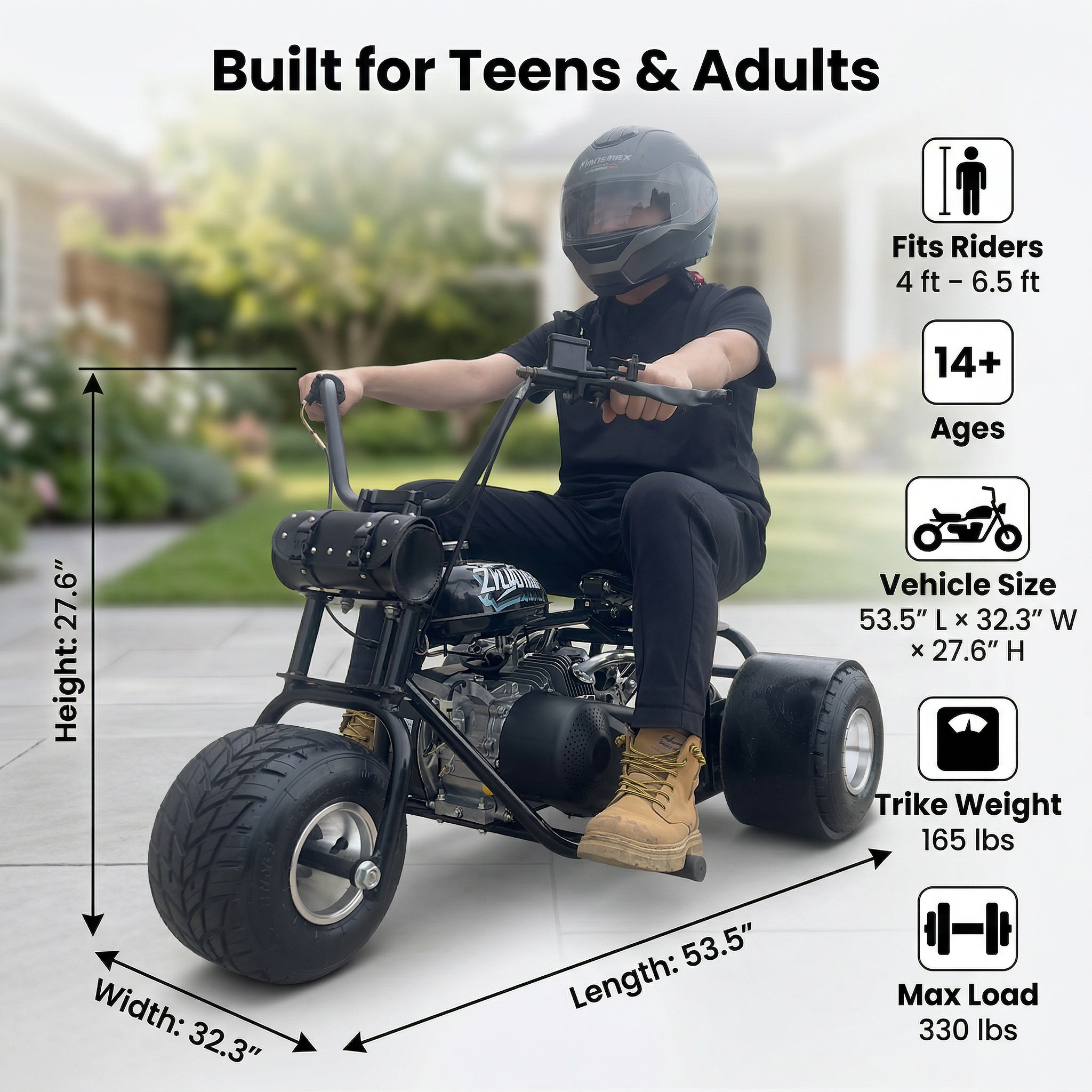 208cc Gas Mini Off-Road Trike Motorcycle CVT, 31MPH Drift Trike Bike
