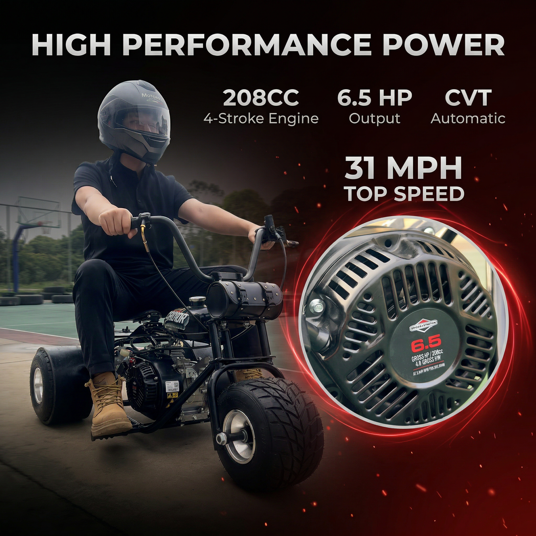 208cc Gas Mini Off-Road Trike Motorcycle CVT, 31MPH Drift Trike Bike