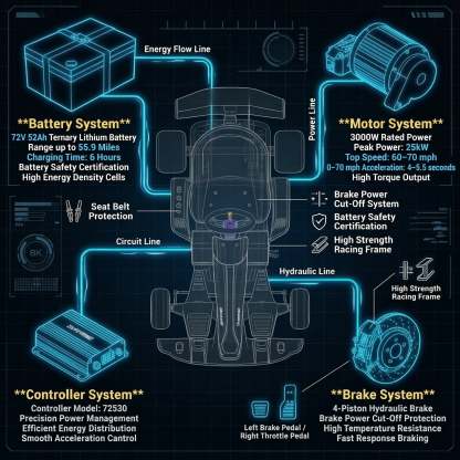 72V 3000W “Little Cyclone” Electric Racing Go-Kart, Peak 28kW, 52Ah Battery