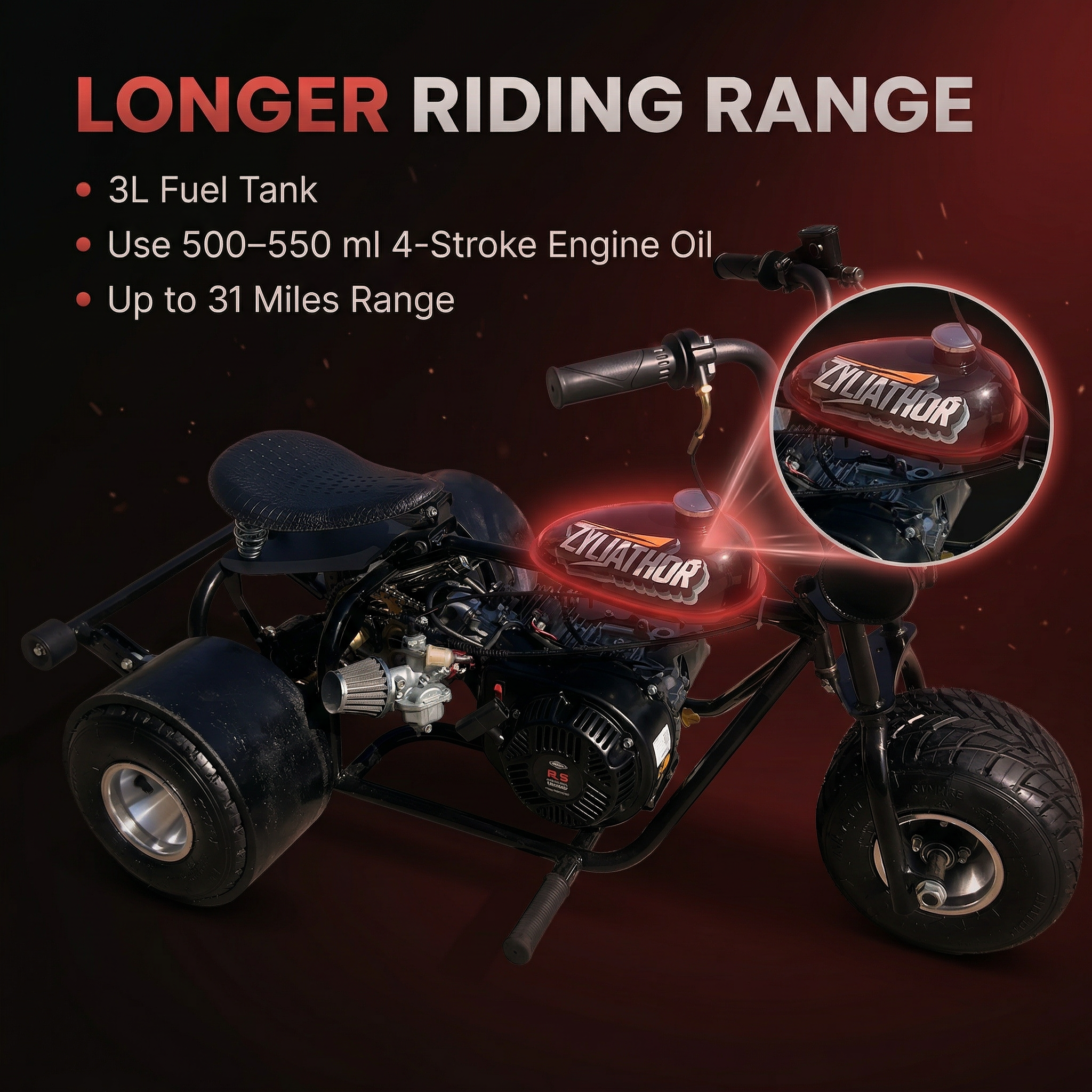 208cc Gas Mini Off-Road Trike Motorcycle CVT, 31MPH Drift Trike Bike