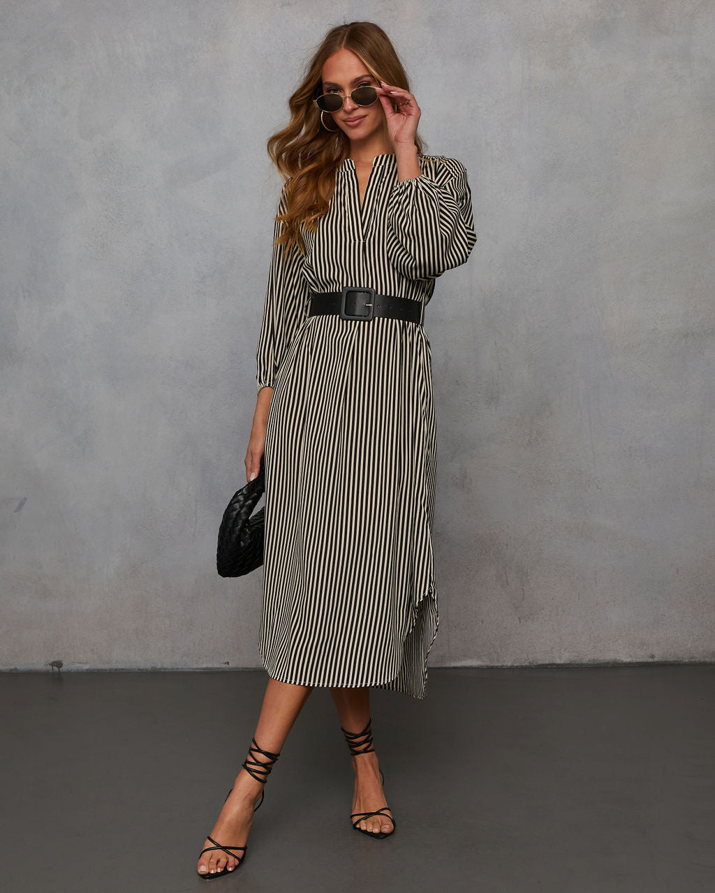 Dimarco Striped Pocketed Belted Midi Dress-Vogue Logic