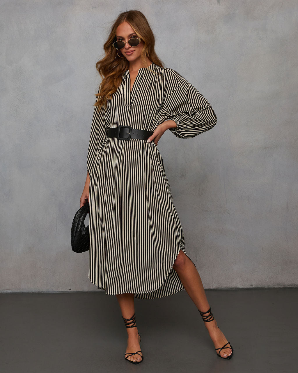 Dimarco Striped Pocketed Belted Midi Dress-Vogue Logic