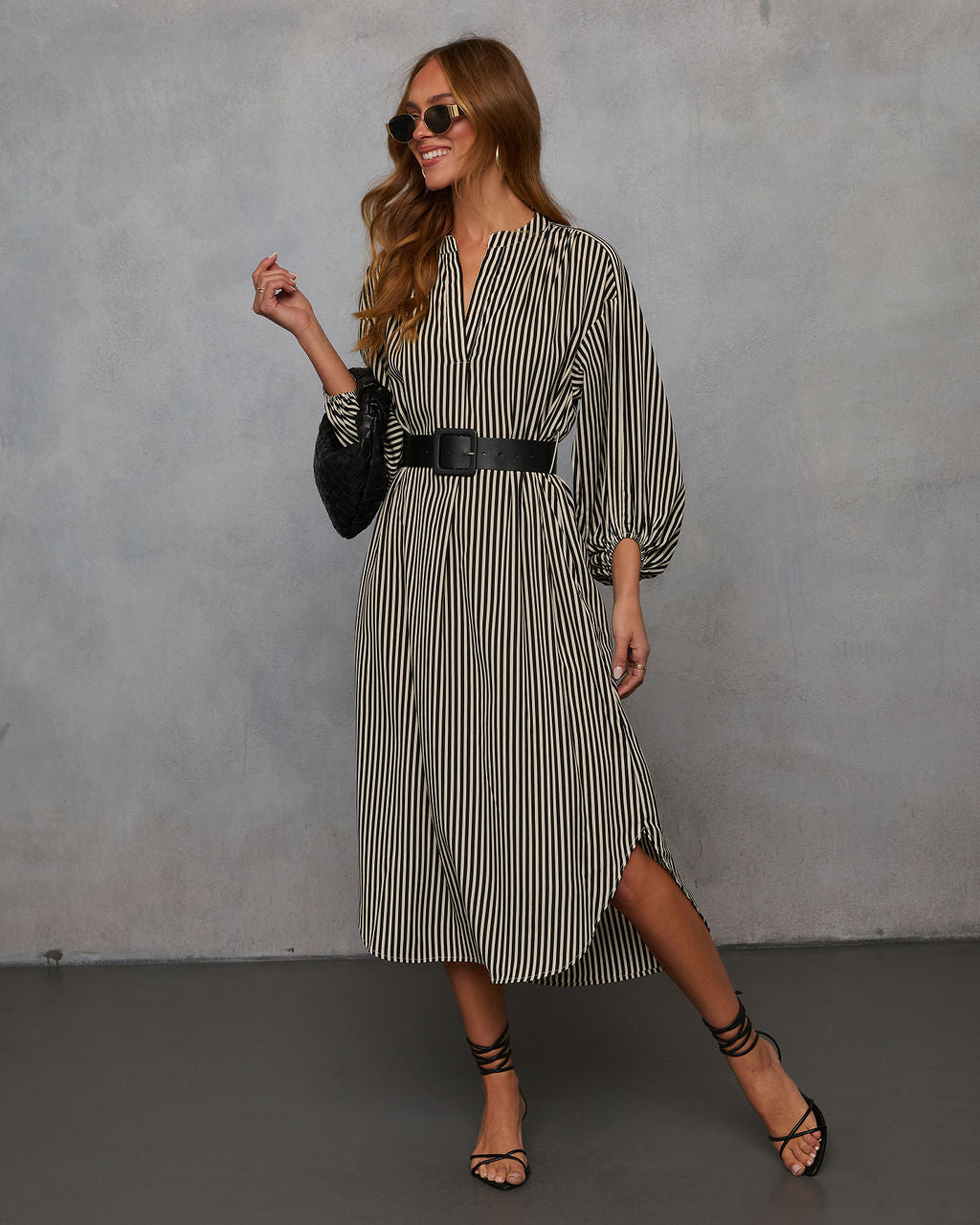 Dimarco Striped Pocketed Belted Midi Dress-Vogue Logic