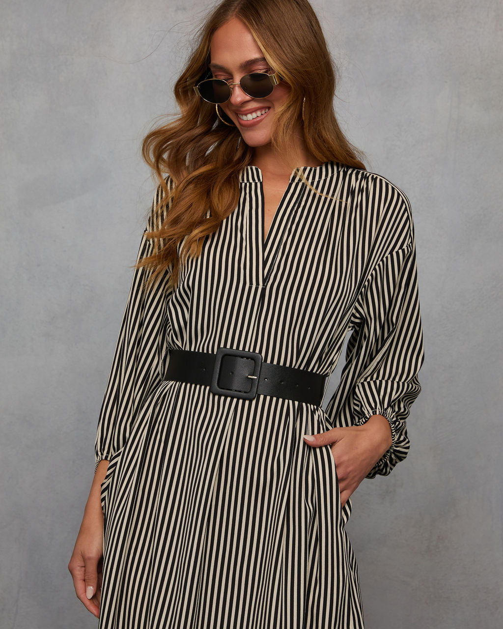 Dimarco Striped Pocketed Belted Midi Dress-Vogue Logic