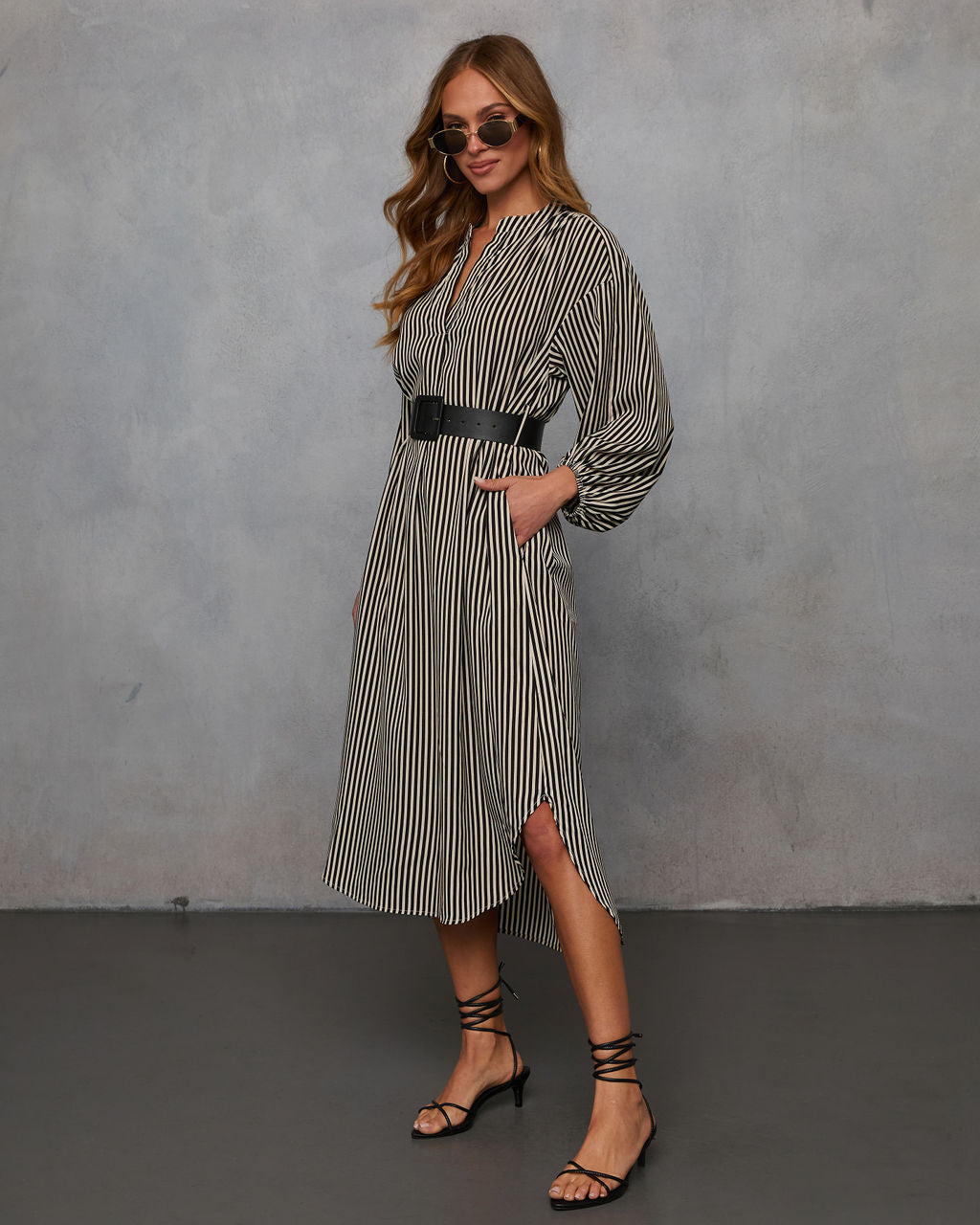 Dimarco Striped Pocketed Belted Midi Dress-Vogue Logic