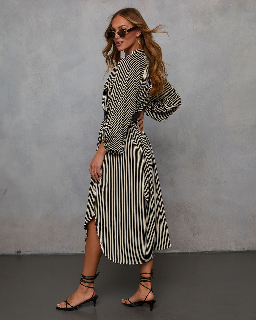 Dimarco Striped Pocketed Belted Midi Dress-Vogue Logic
