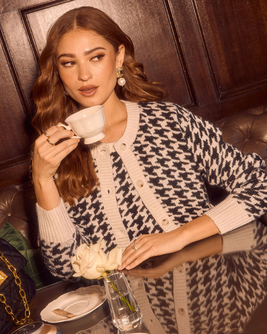 Maple Meadow Contrast Trim Houndstooth Cardigan-Vogue Logic