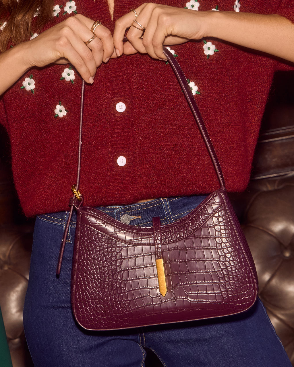 Verah Vegan Leather Croc Embossed Shoulder Bag-Vogue Logic