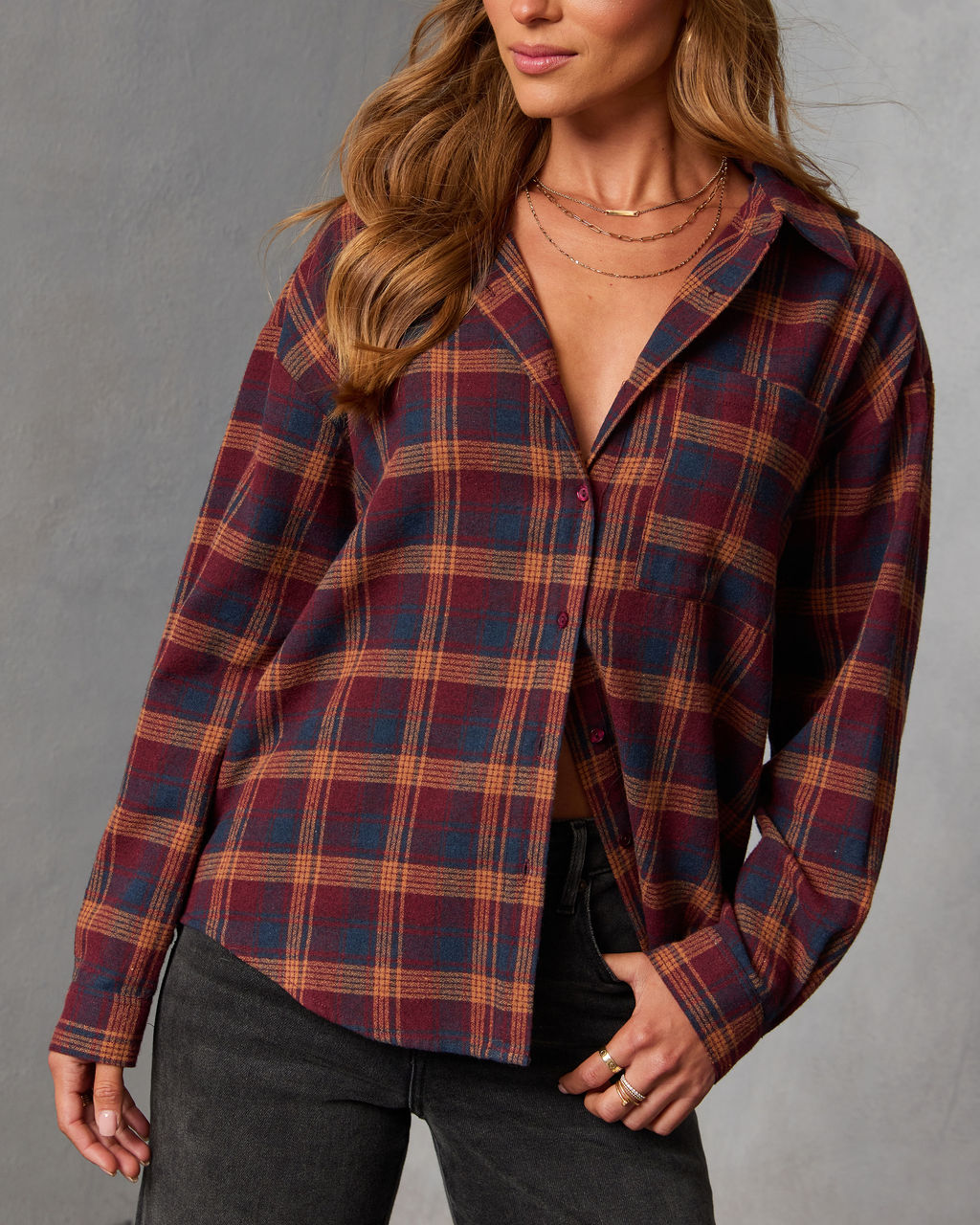 Toasted Maple Plaid Button Down Top-Vogue Logic