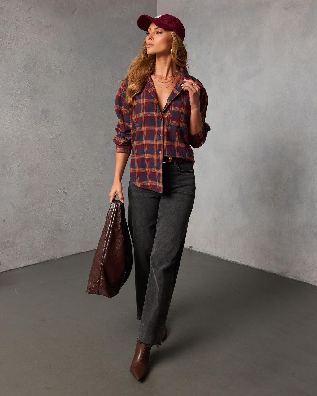 Toasted Maple Plaid Button Down Top-Vogue Logic