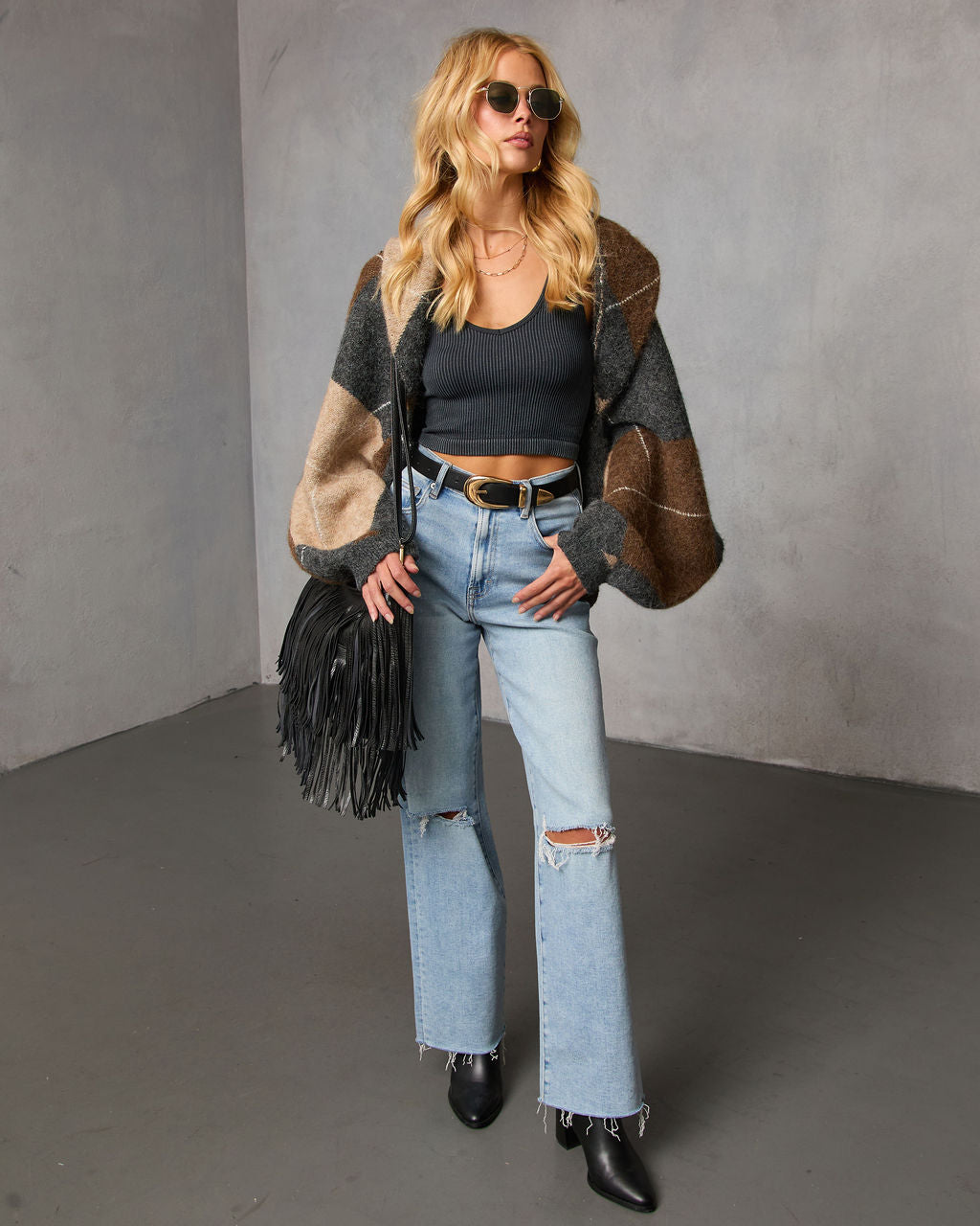 Marenne Cropped Argyle Print Cardigan-Vogue Logic