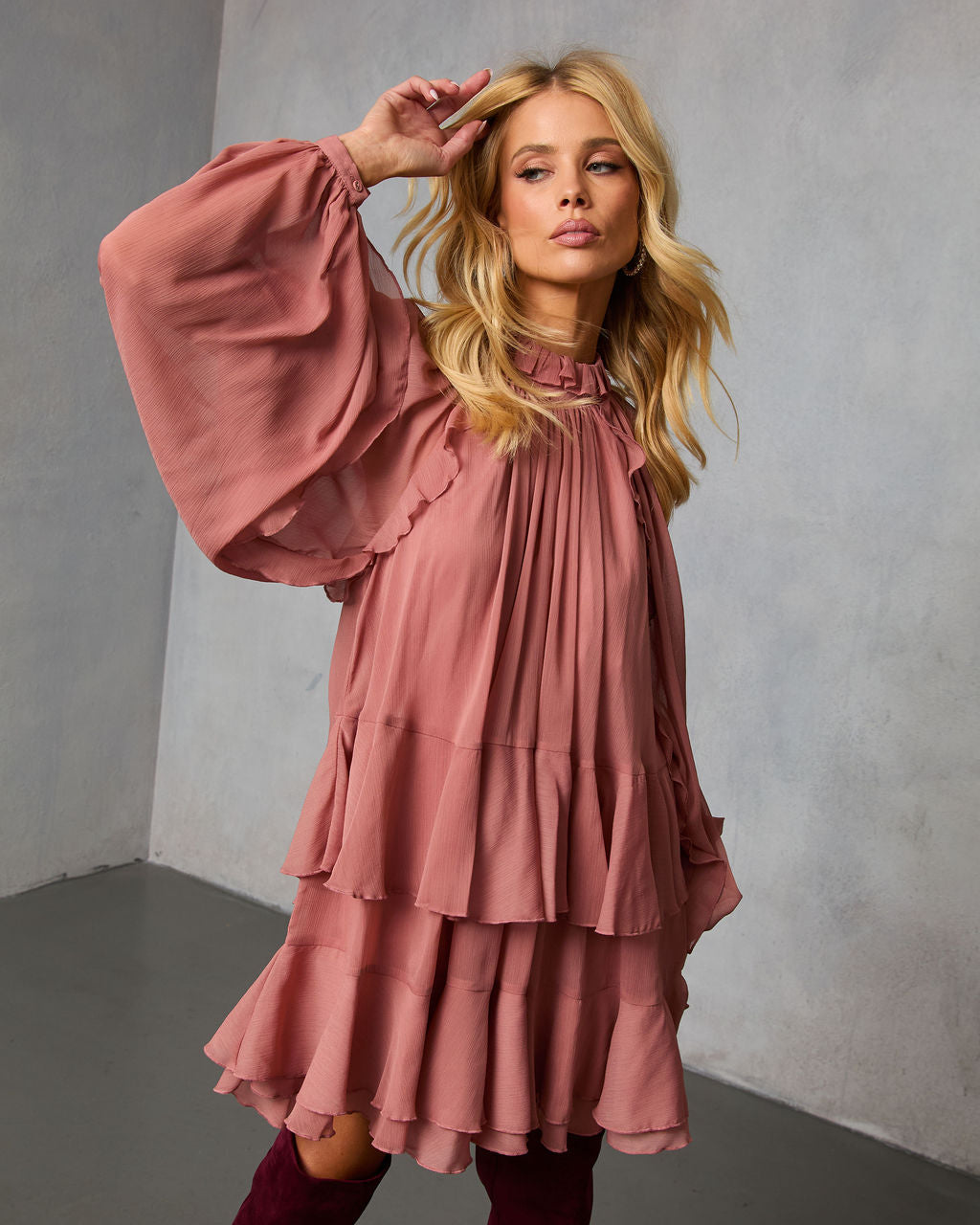 Toast Season Ruffle Chiffon Mini Dress-Vogue Logic