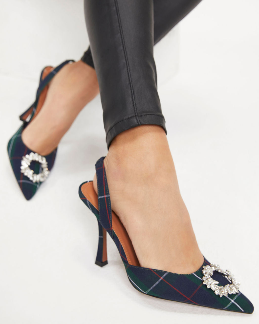 Noella Plaid Embellished Slingback Heel-Vogue Logic