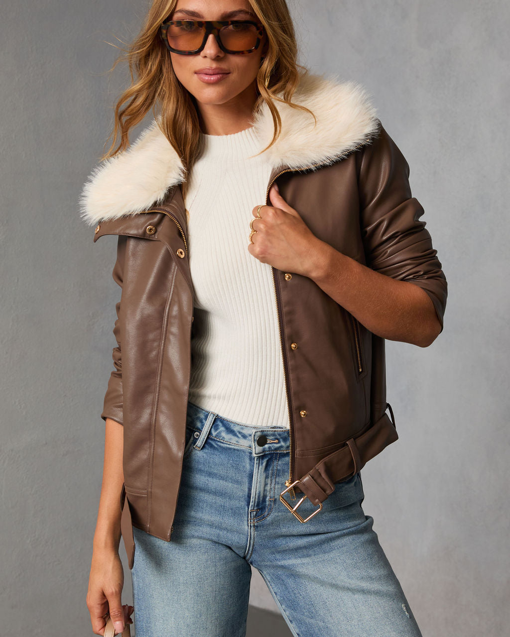 Georginna Leather Faux Fur Collar Moto Jacket-Vogue Logic